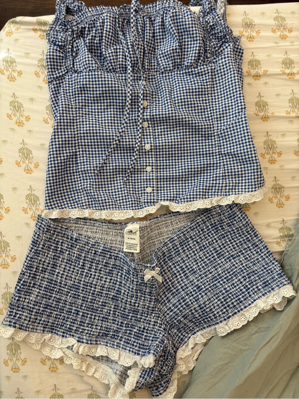 Frankie's Bikinis Blue Gingham Lace-Trim Sleep Set